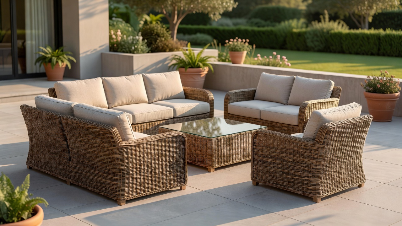 A beautifully woven synthetic rattan outdoor sofa set