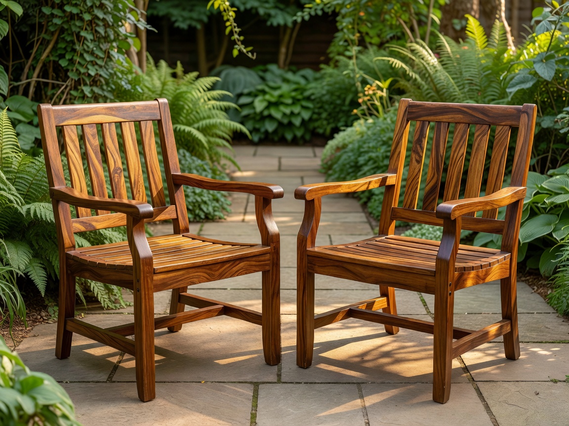 A pair of well-oiled teak wooden garden chairs on a patio