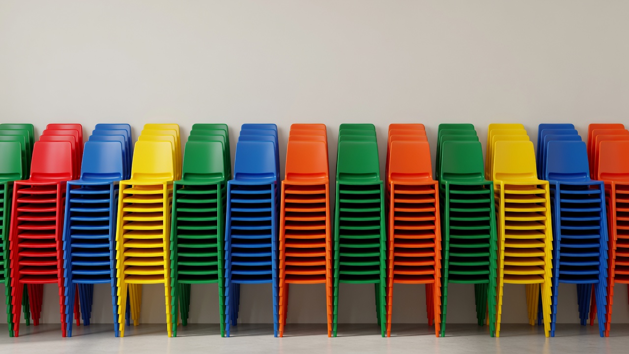 A series of colorful stackable chairs stored neatly against a wall