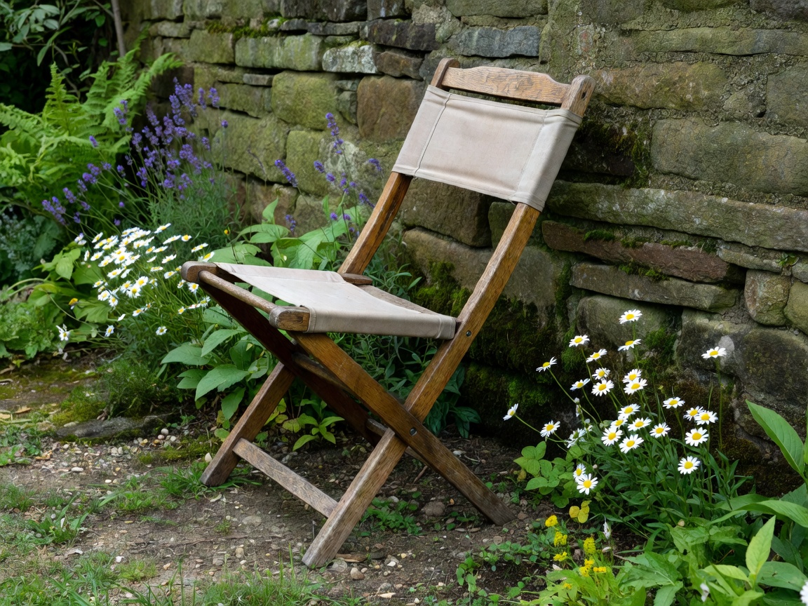 A wooden folding chair leaning against a garden wall