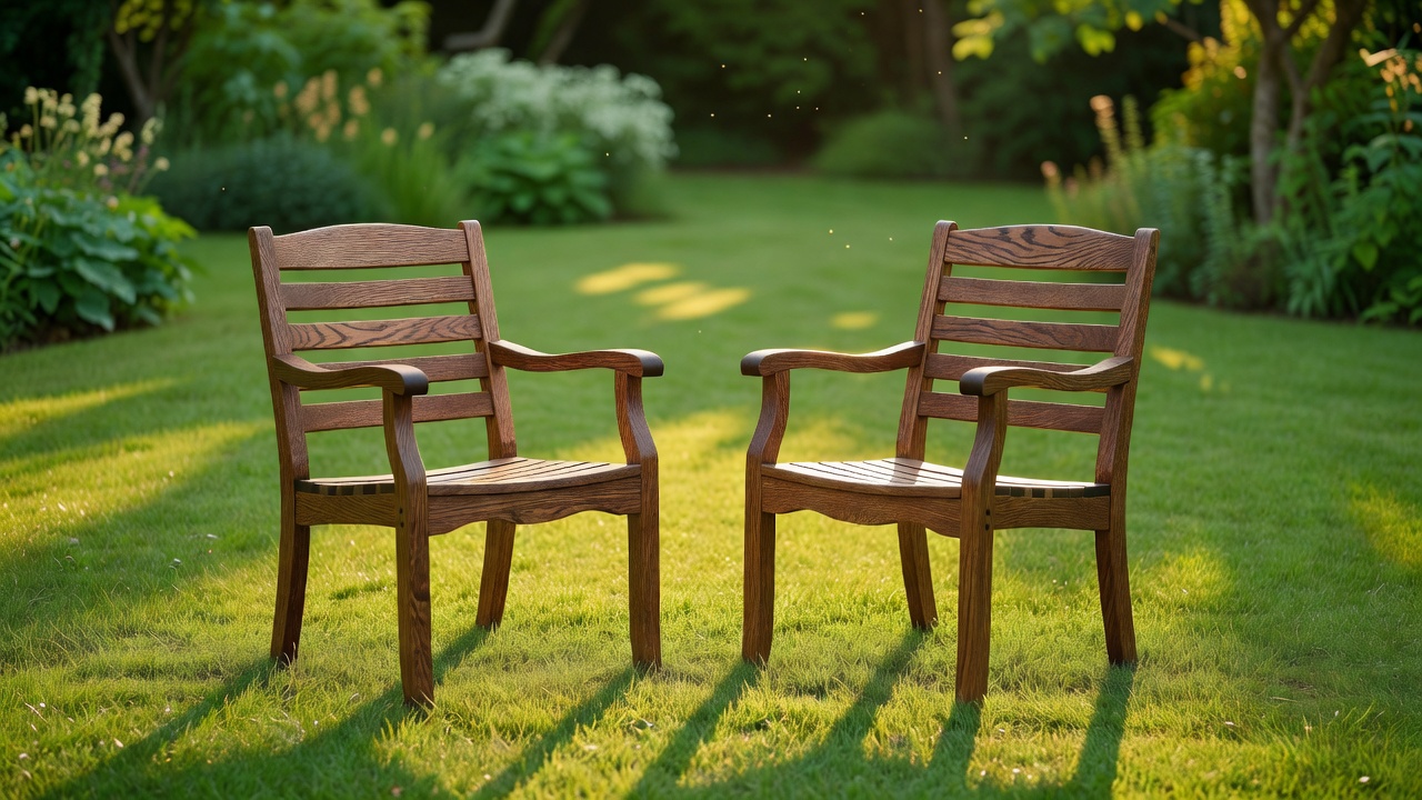 Beautifully crafted wooden garden chairs sitting on a sunlit lawn