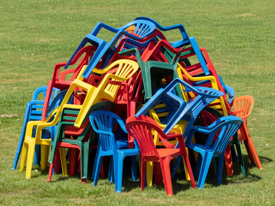 Brightly colored injection-molded plastic chairs stacked on grass