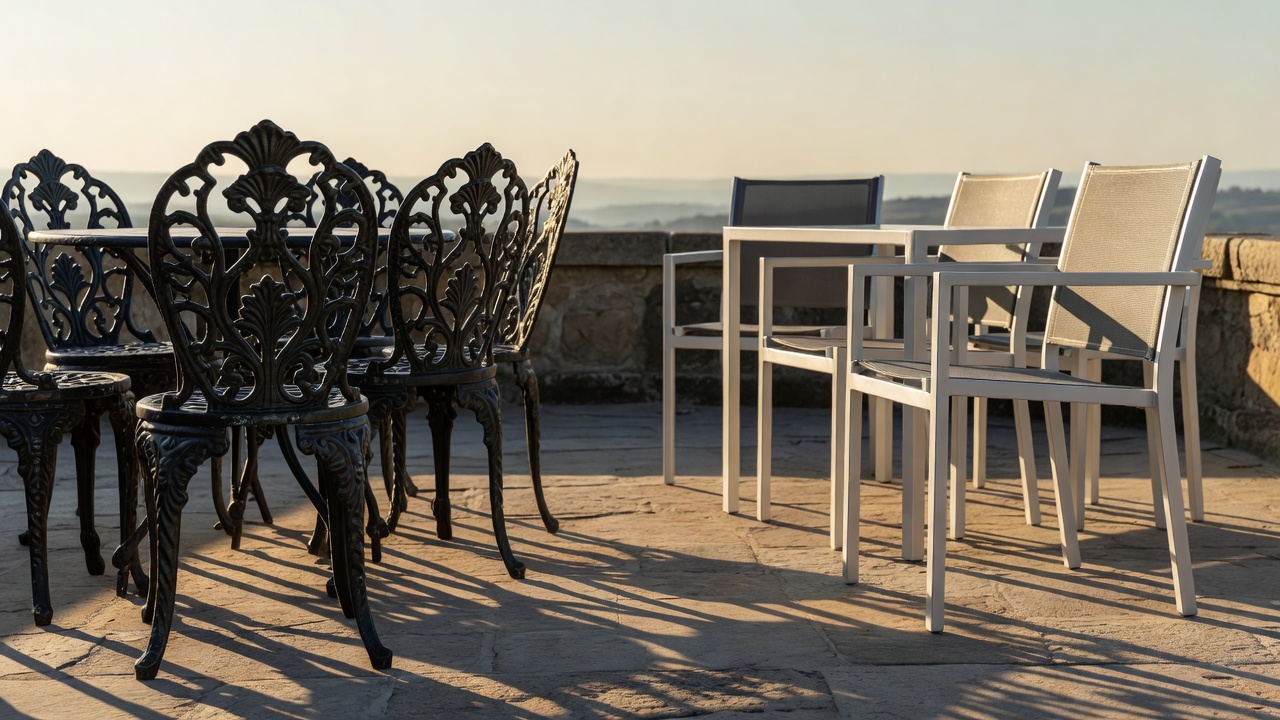 Intricate cast iron and sleek aluminium chairs on a terrace