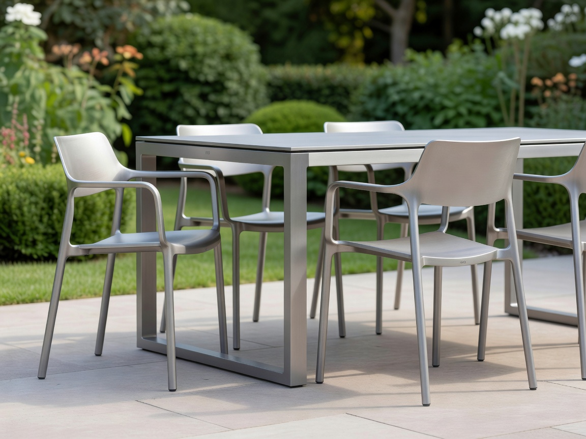 Sleek modern aluminium garden chairs arranged around a dining table