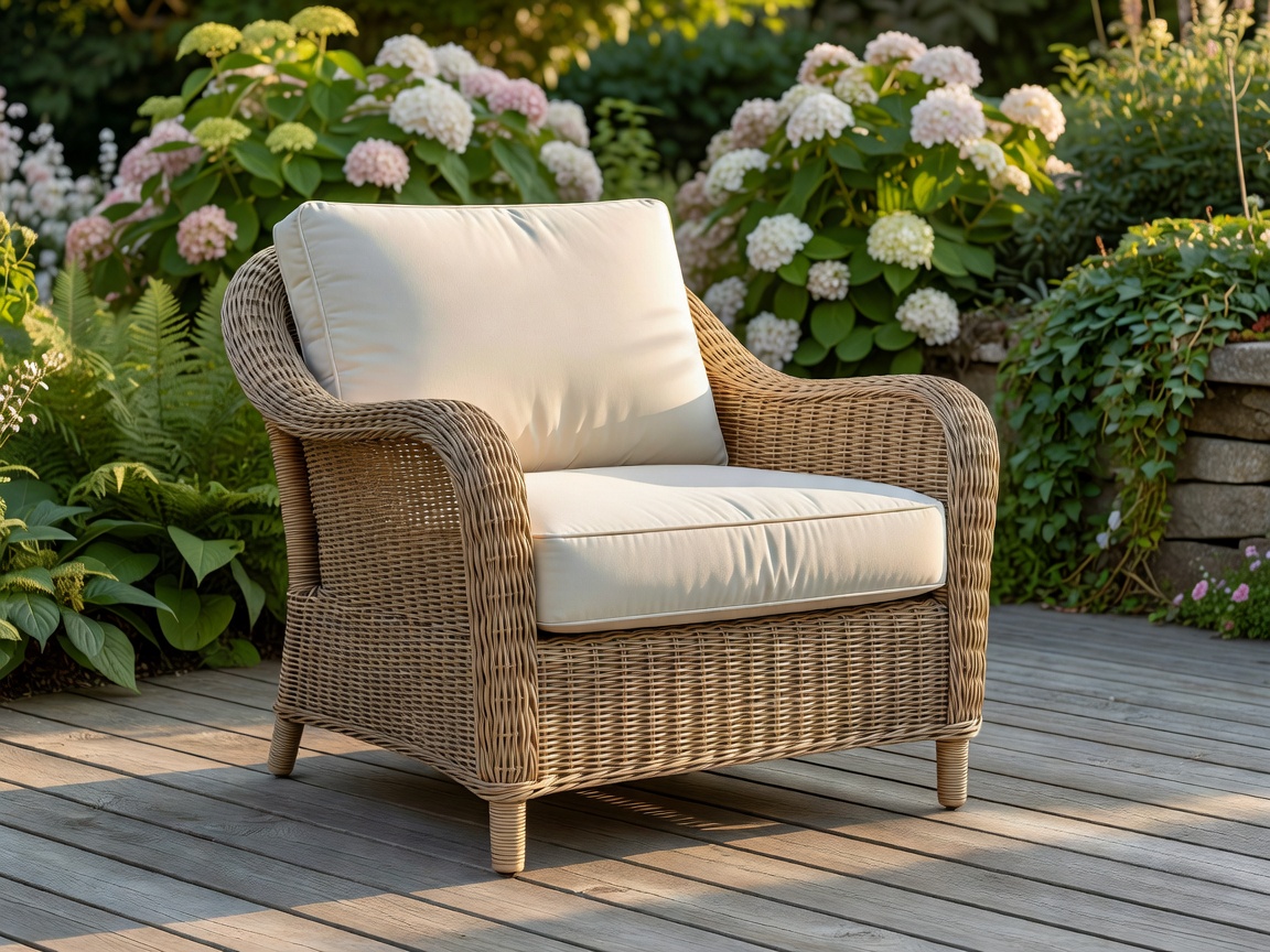 Synthetic PE rattan garden armchair with plush cushions